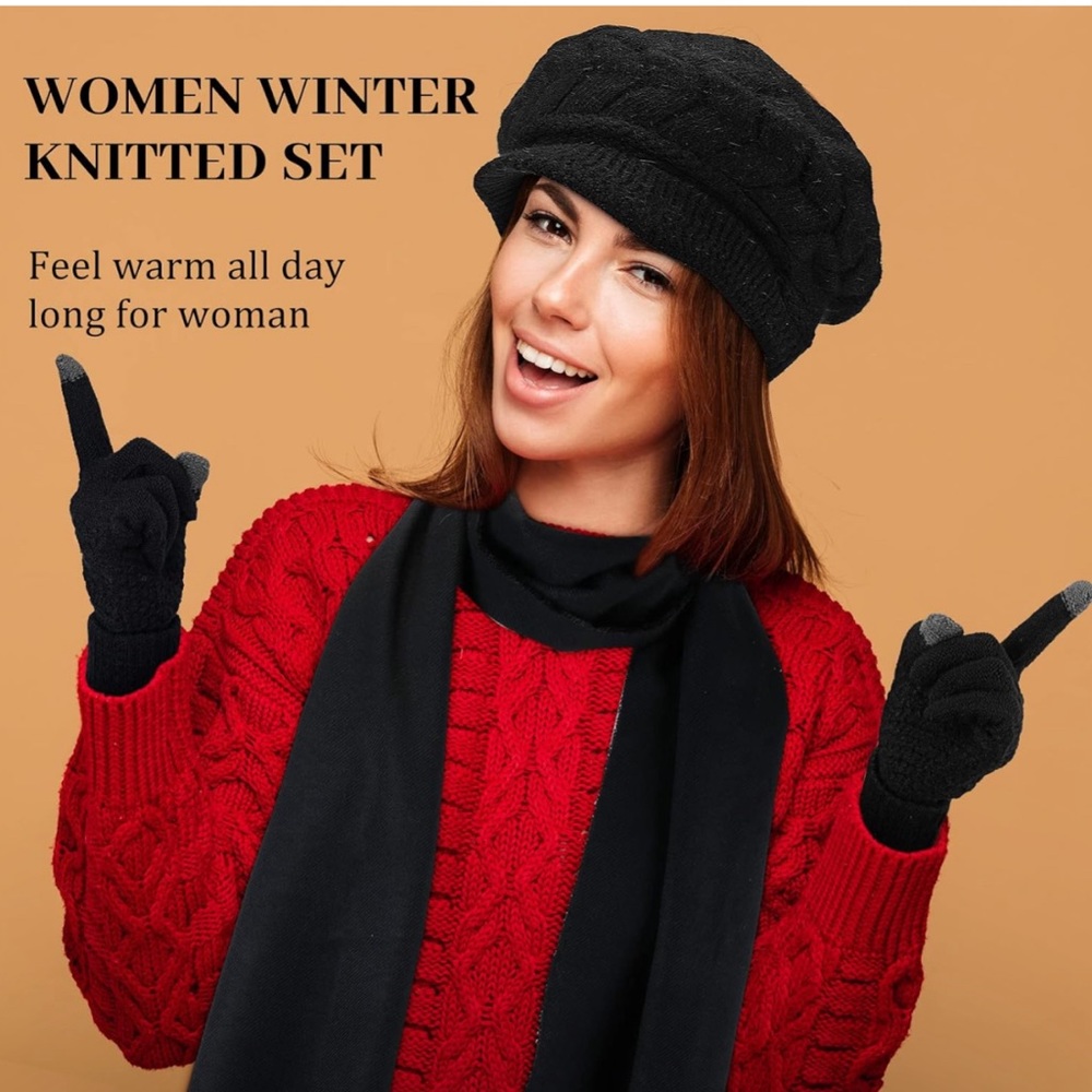Women Winter Warm Knit Hat Scarf cap and Glove Wine Red - Picture 5 of 7